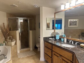 Jetted tub, hair dryer, towels, soap