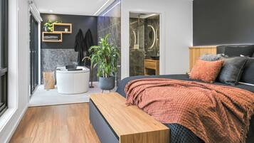 Laptop workspace, blackout curtains, soundproofing, iron/ironing board