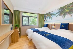 A hotel room with two beds, a desk, a window with curtains, a wall-mounted TV, and a mural of palm trees. - Super 8 Hotel (Beijing Qianmen Zhushikou Subway Station) (Beijing)
