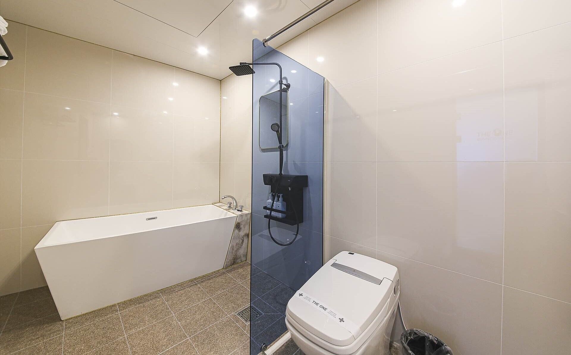 Een moderne badkamer met een bad, een douchecabine van glas en een toilet.