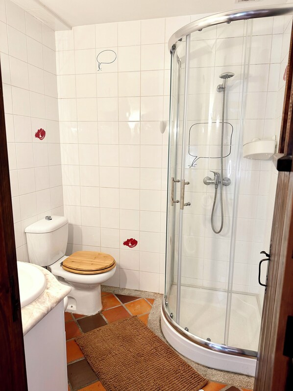 Een badkamer met toilet, douche en een douchecabine met glazen wanden.
