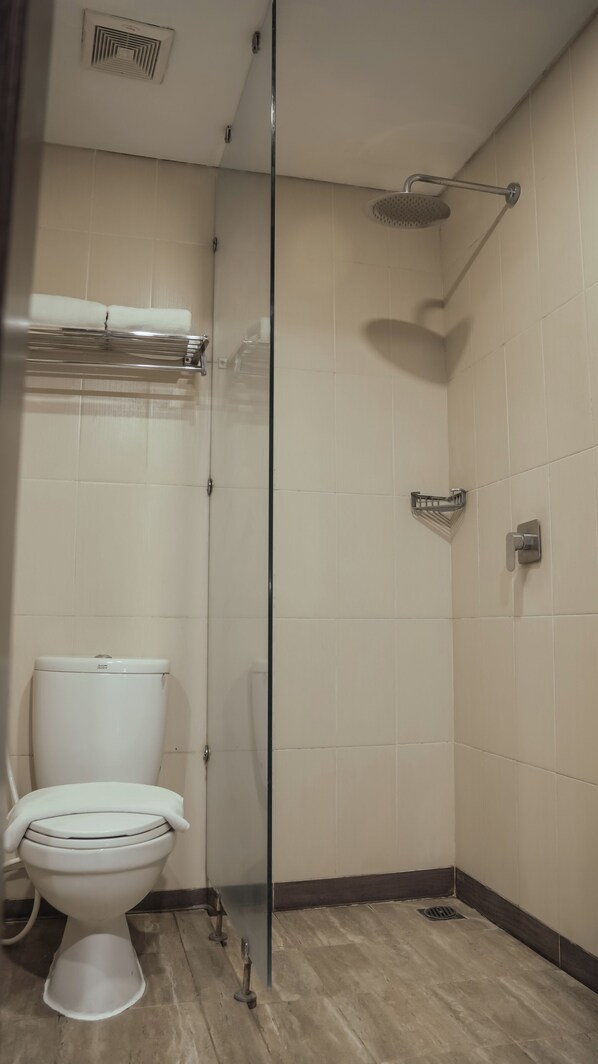 Un baño con ducha envuelta en vidrio, inodoro y perchero para toallas.