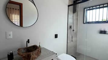 Hair dryer, towels, soap, toilet paper