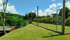 A grassy field with a soccer goal, surrounded by trees and a house in the background.
