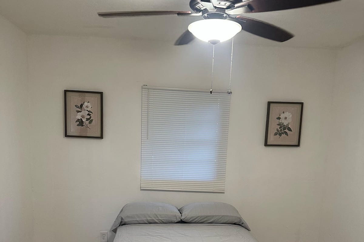 A bedroom with a bed, a ceiling fan, a window with blinds, and two framed pictures on the wall.