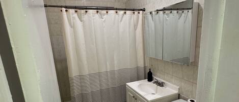 A small bathroom with a shower curtain, a sink, a toilet, and a mirror.