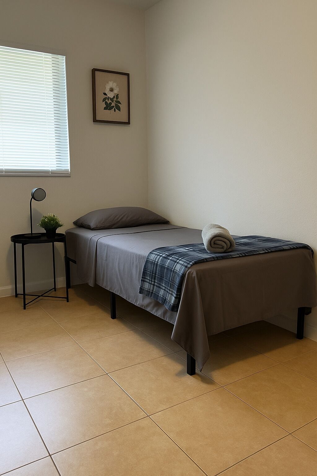 Una cama individual con colchón gris, manta marrón y una toalla enrollada. Hay una mesita con una planta y una lámpara de pie. Un cuadro enmarcado cuelga en la pared.