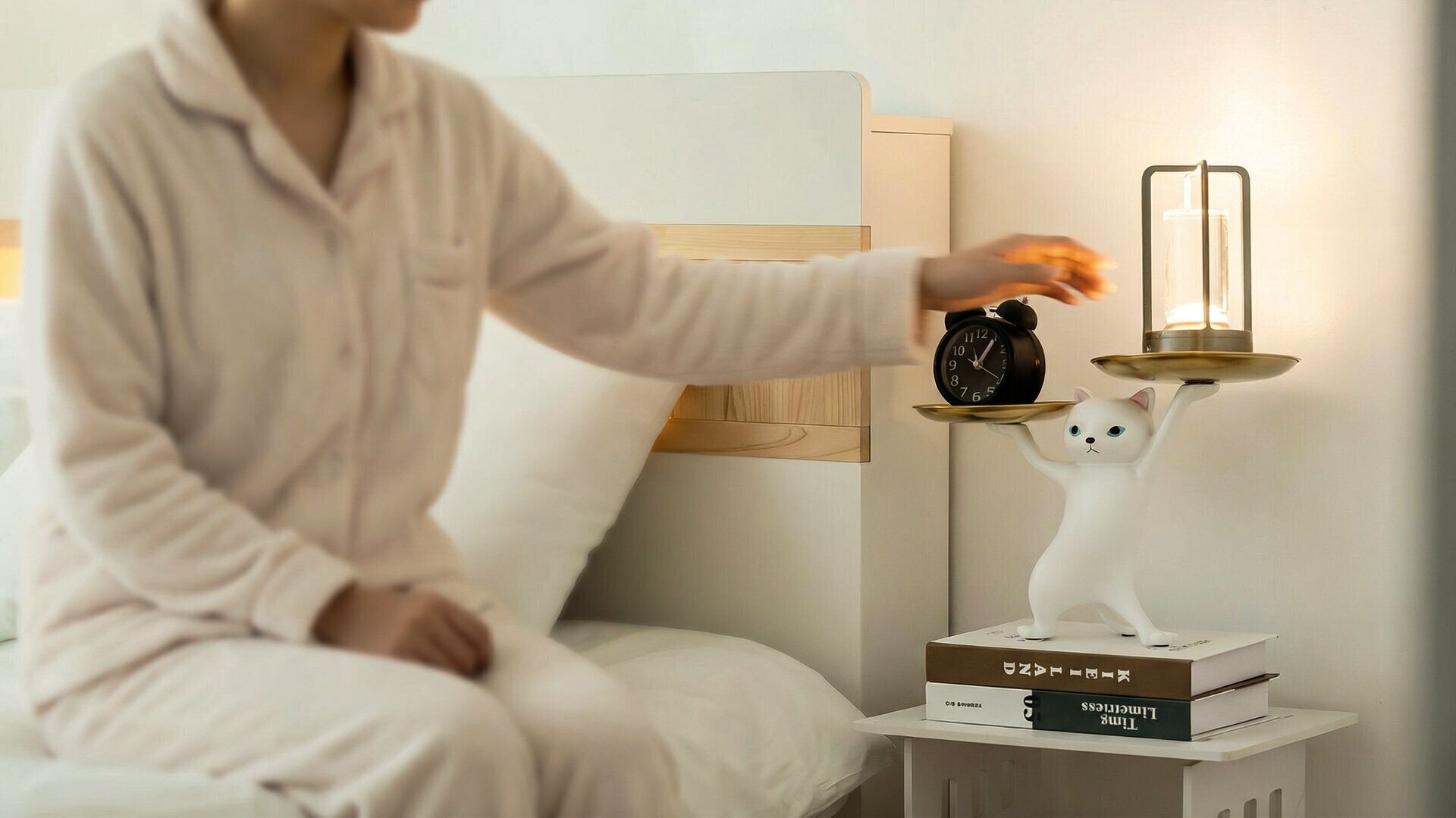 Una persona sentada en una cama en una habitación con una mesita de noche que tiene un reloj y un adorno con forma de gato.