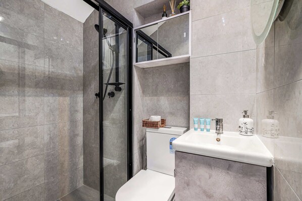 Shower, hair dryer, shampoo