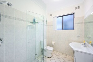 Shower, hair dryer, towels, shampoo