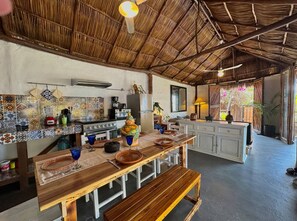 Family Villa | Private kitchen | Full-size fridge, microwave, oven, stovetop