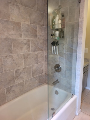 Douche, séchoir à cheveux, serviettes fournies, savon
