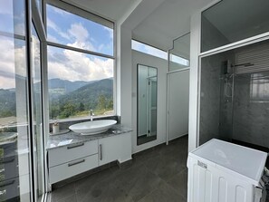 Dusche, Haartrockner, Handtücher, Seife