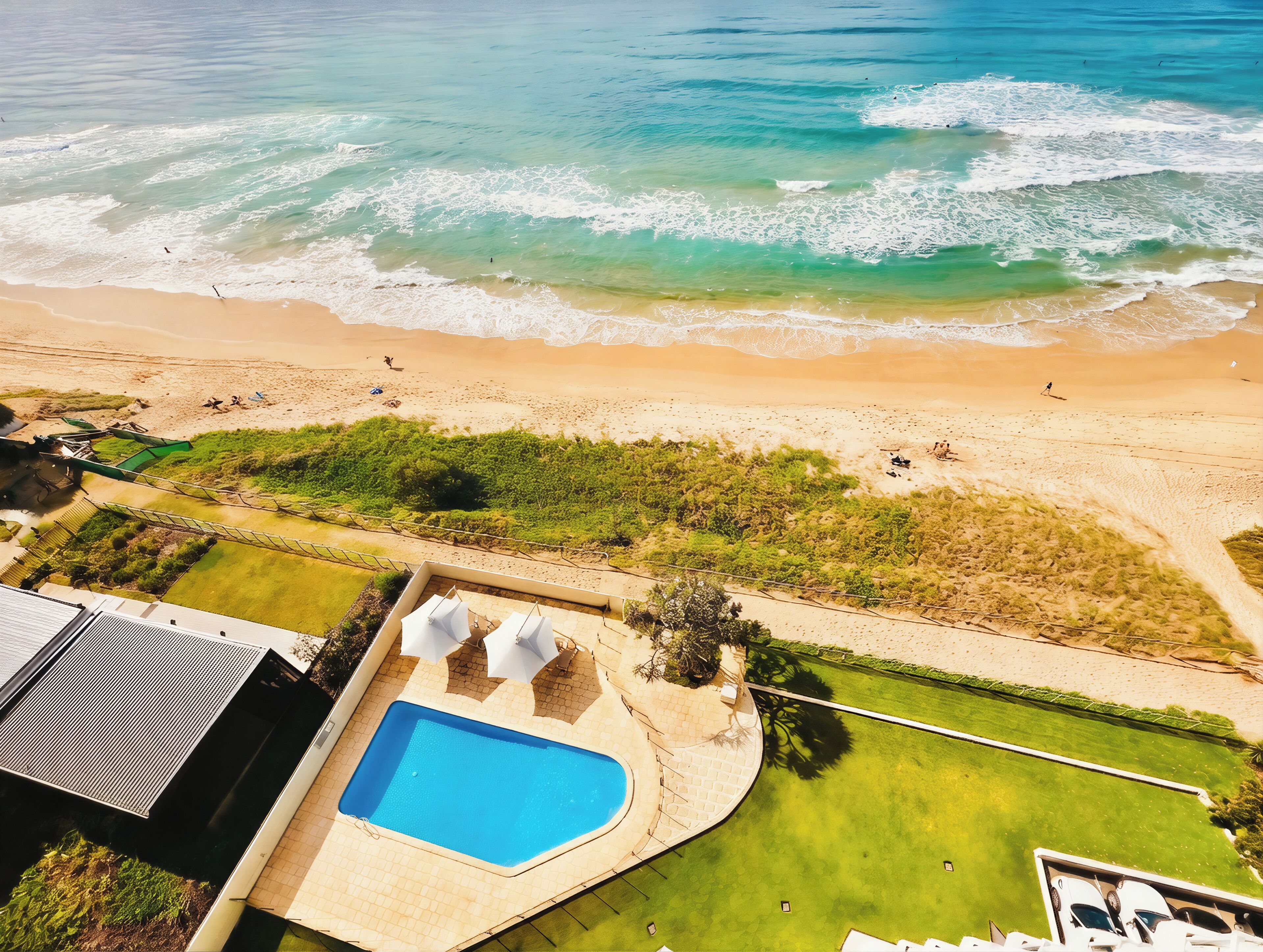 On the beach, sun-loungers, beach towels