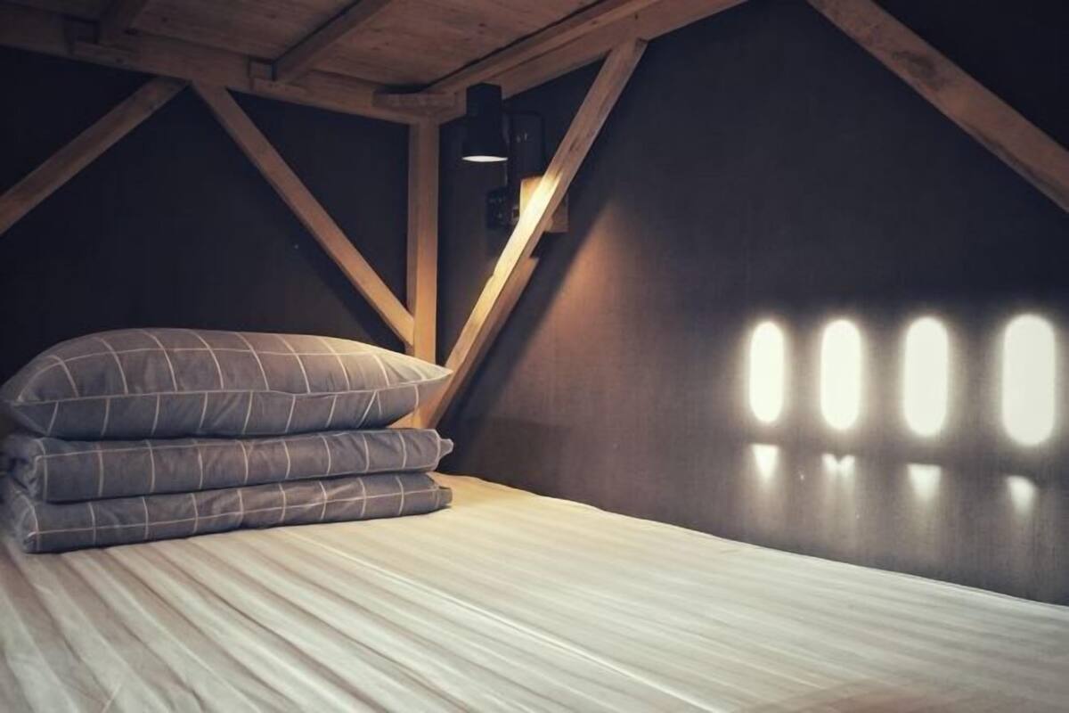 Une chambre à coucher avec un lit, des oreillers et un plafond en pente.