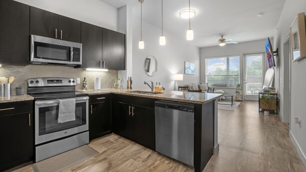 A modern kitchen with dark cabinets, stainless steel appliances, and pendant lighting. - Entire Unit Downtown Dallas, Texas - City Views near Convention center (Dallas)
