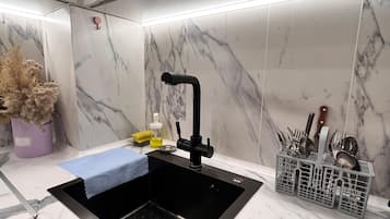 Comfort Condo, 1 King Bed with Sofa bed, Pets allowed, Courtyard View | Private kitchen