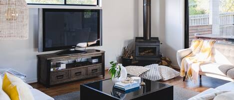 Fernseher, Kamin, Bücher