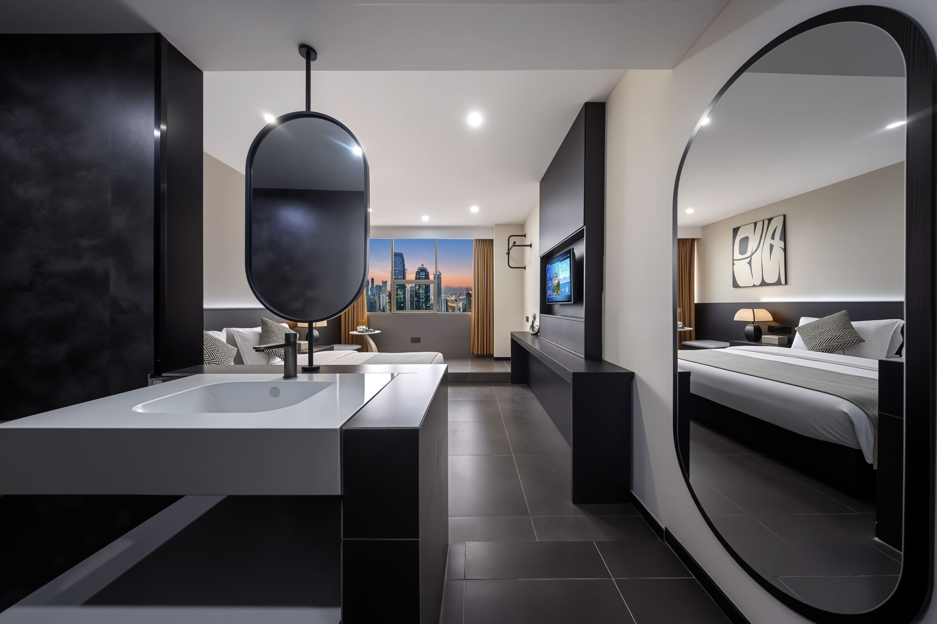 Minimalist King Room | Bathroom | Rainfall showerhead, slippers, towels