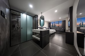 Rainfall showerhead, slippers, towels