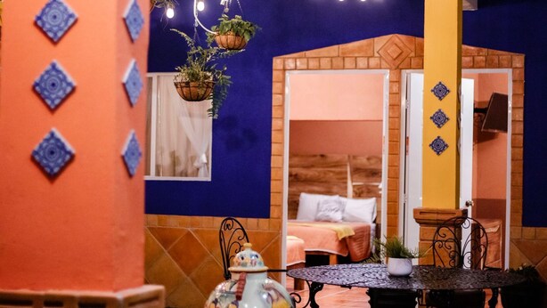 A room with a bed, a table, hanging plants, and a decorative vase. - Casa Márquez (Leon)
