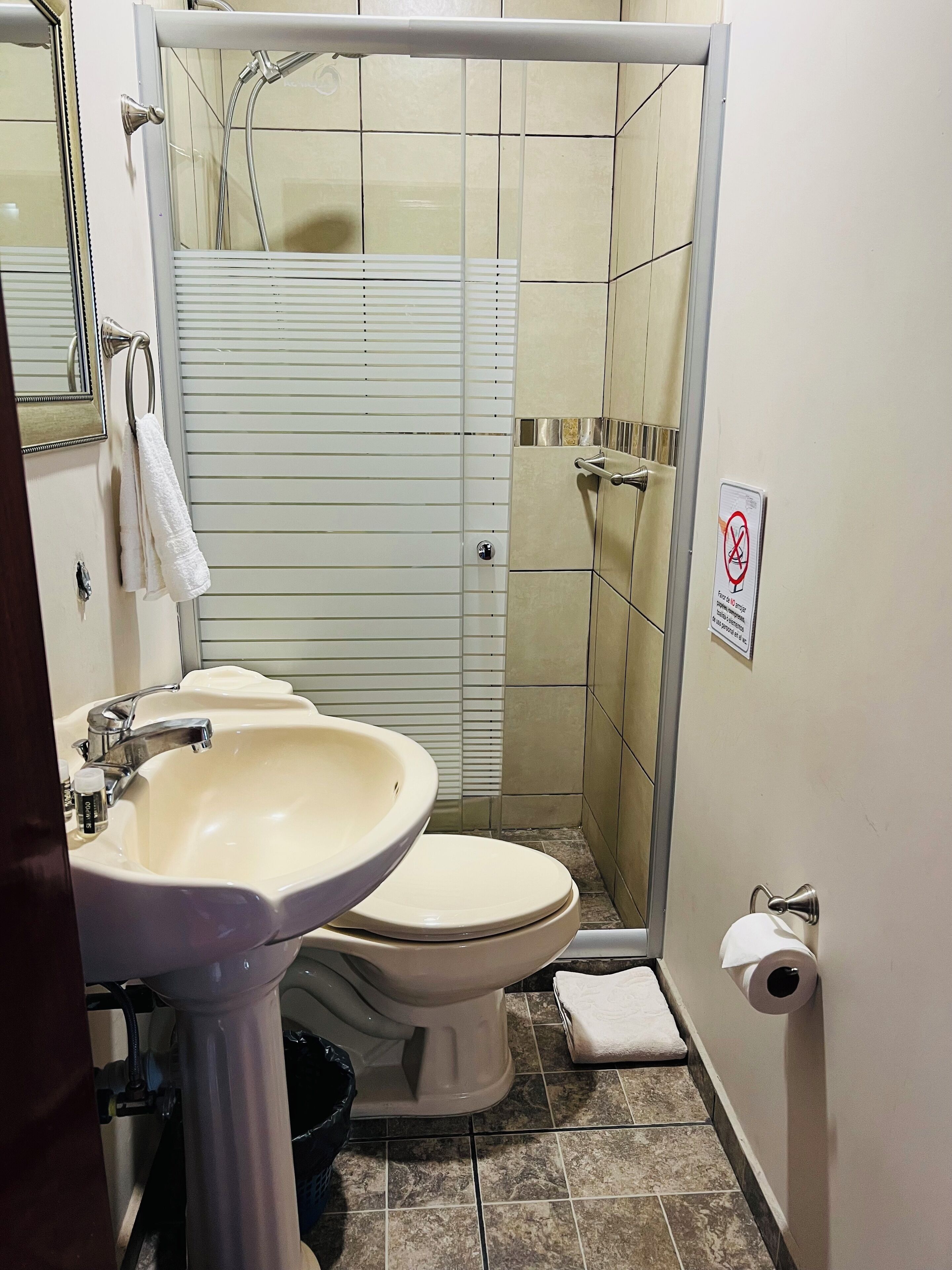A bathroom with a sink, toilet, and shower.