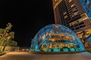 A modern glass structure with a dome roof, surrounded by greenery and illuminated by blue lighting.