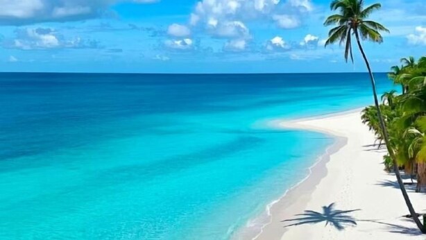 A beach with clear turquoise water, white sand, and palm trees. - Xiamen Mingfa International Hotel (Convention Center Huandao Road Branch) (Xiamen)