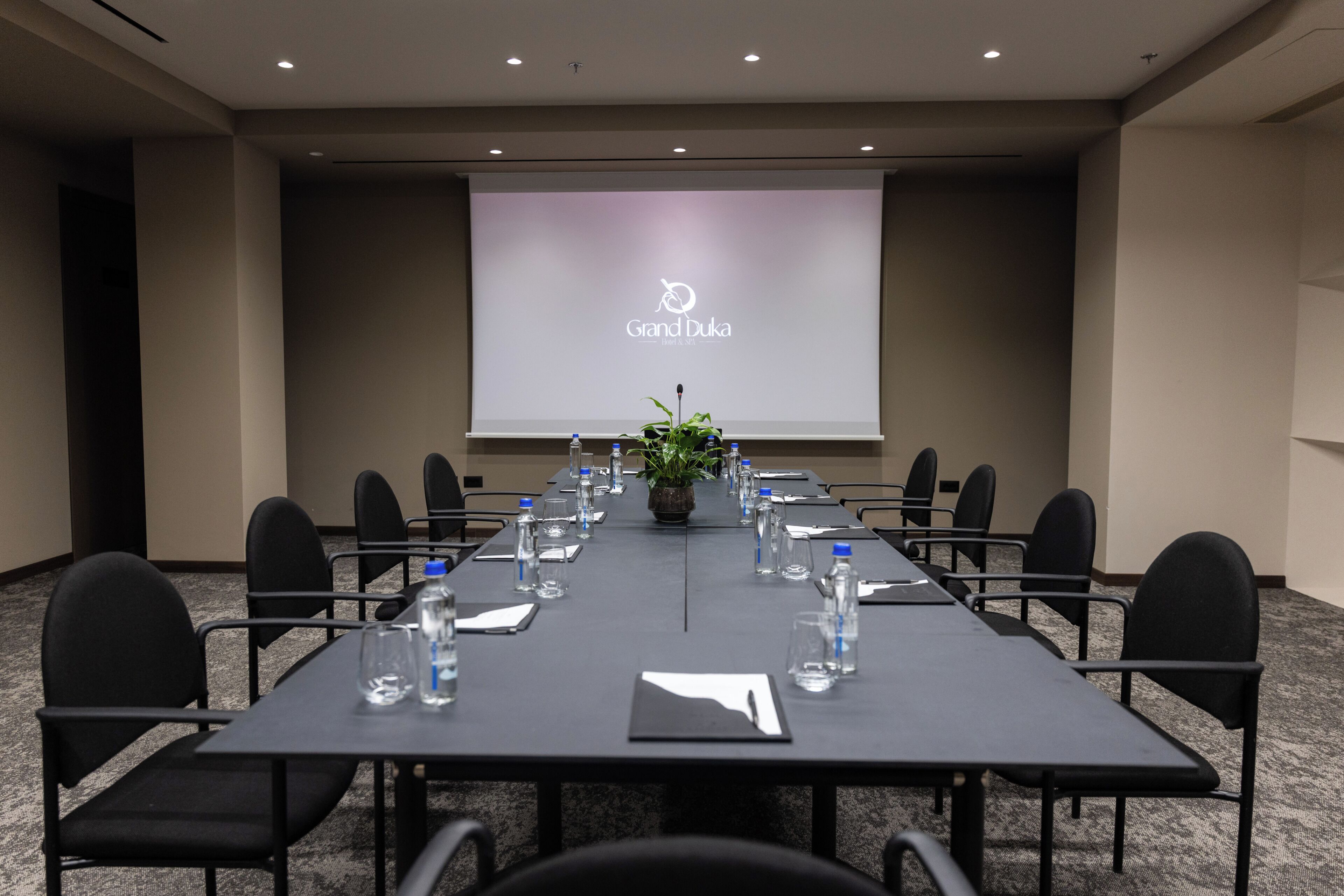 Una sala de conferencias con una larga mesa, sillas, una pantalla de proyector y una planta.