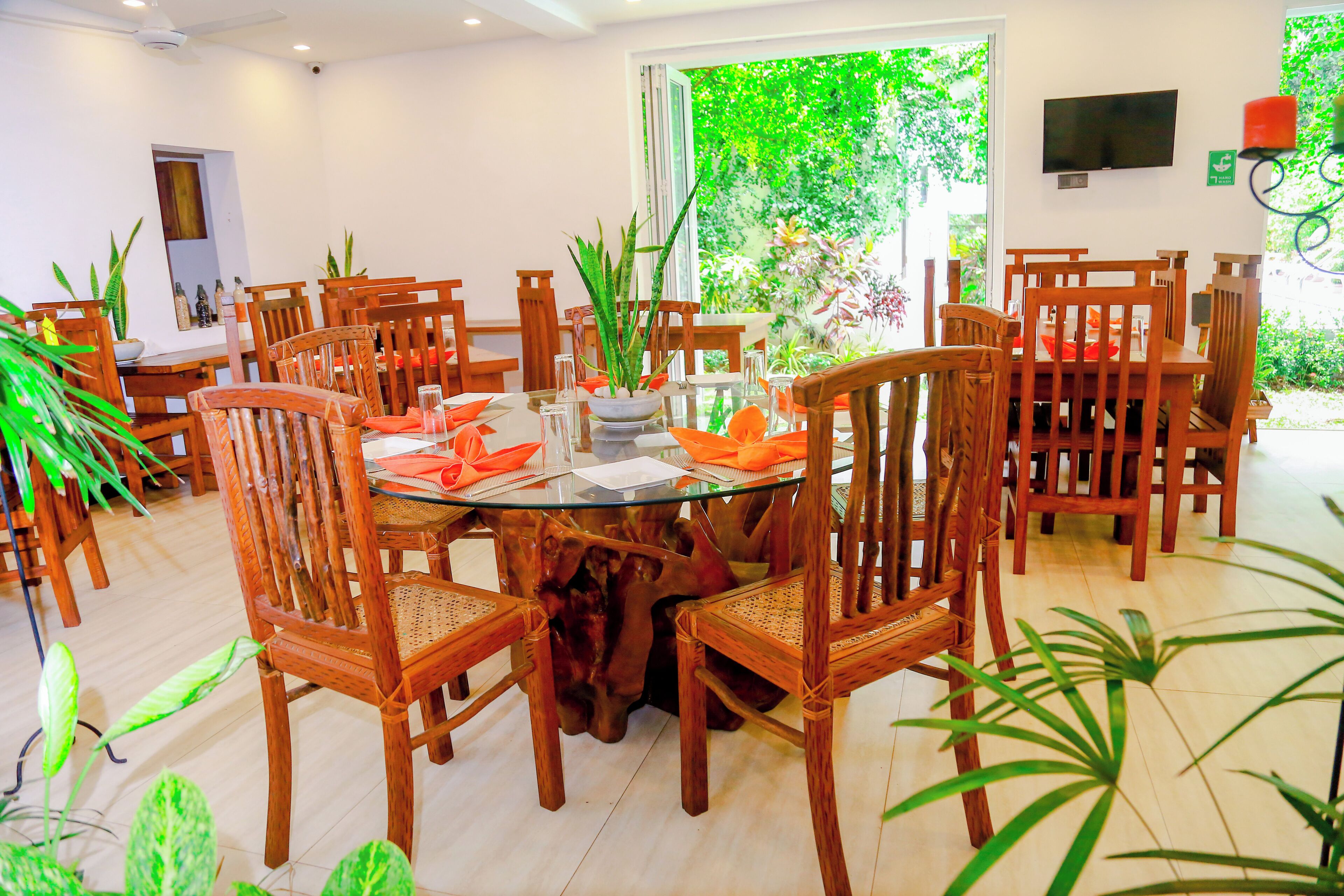 A dining area with wooden chairs and a glass table, surrounded by potted plants.
