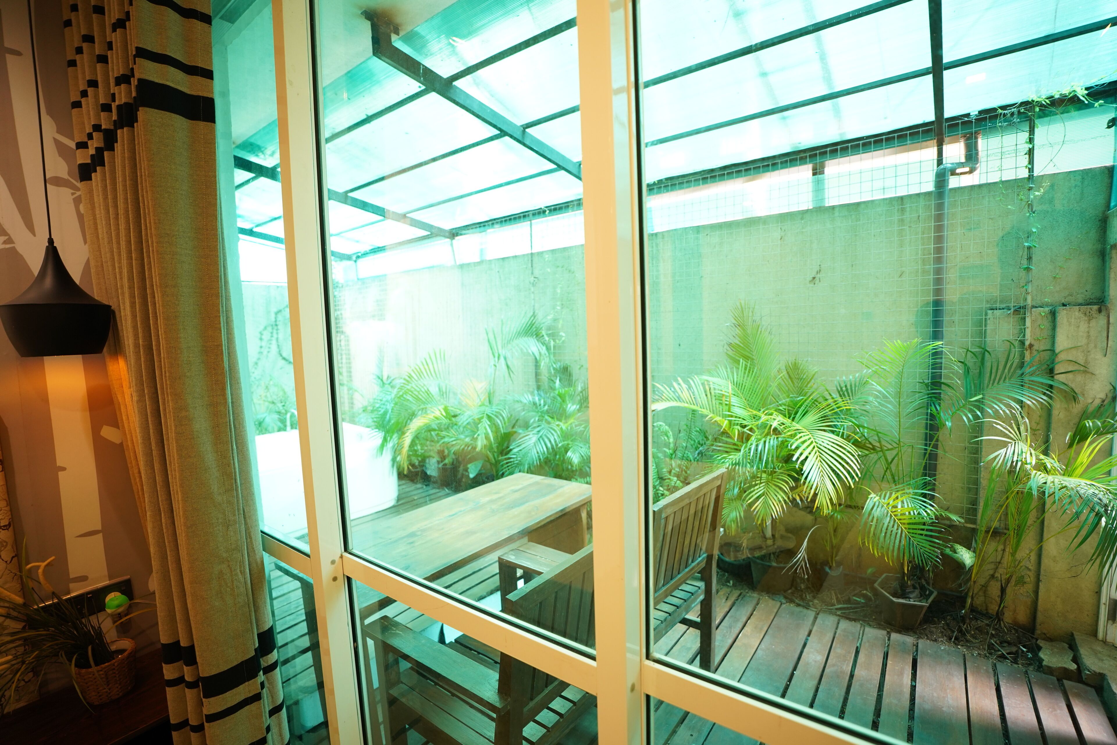 A conservatory with a wooden table and chairs, surrounded by potted plants and a glass ceiling.