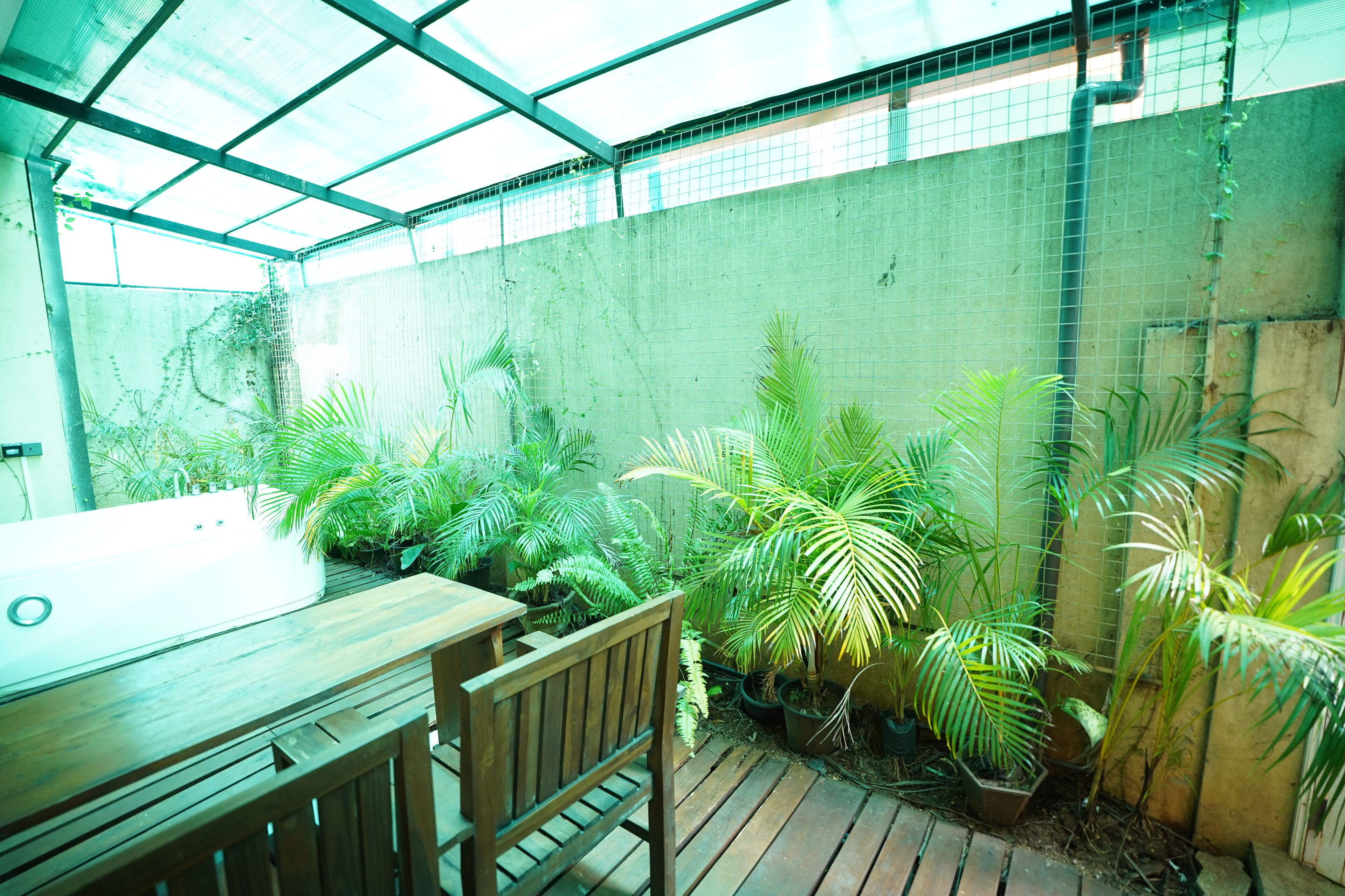 A greenhouse with wooden flooring, potted plants, and a table.