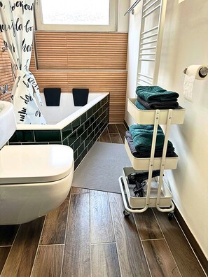 Hair dryer, towels, soap, toilet paper