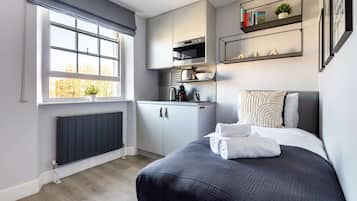 1 bedroom, desk, iron/ironing board, travel crib