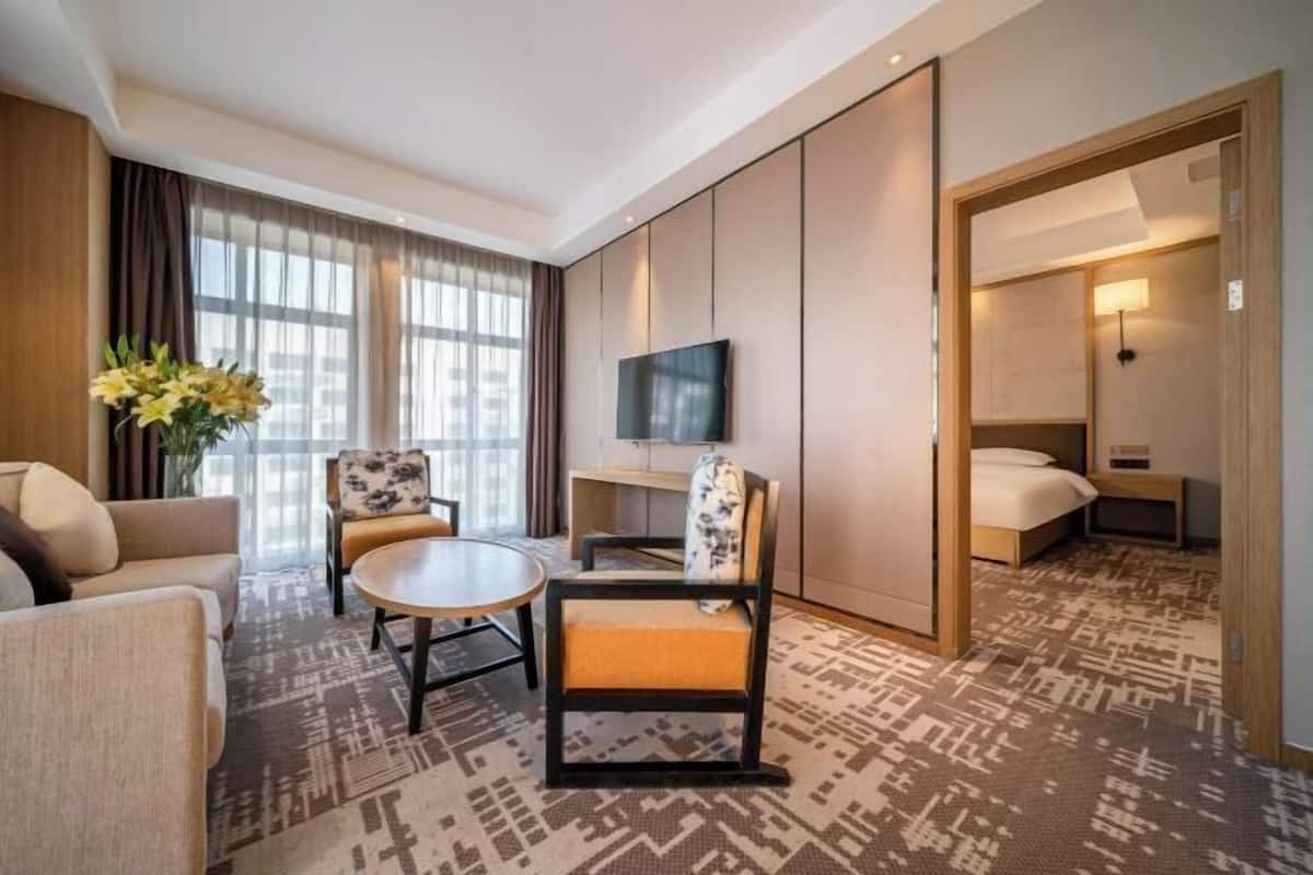Quarto de hotel com sofá, duas cadeiras, mesa pequena, televisão e cama.