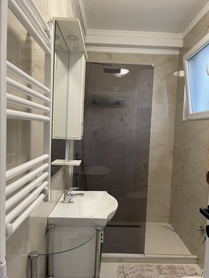 Dusche, Bidet, Handtücher, Toilettenpapier