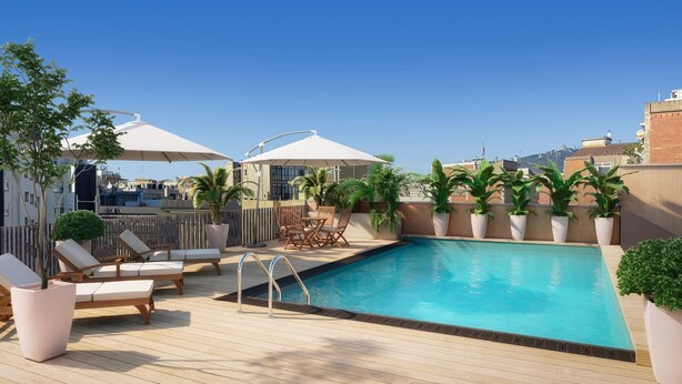 A rooftop pool area with lounge chairs, umbrellas, and potted plants. - CALM APARTMENTS presents its PREMIUM APARTMENT in the heart of Barcelona. (Barcelona)