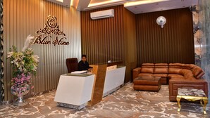 A reception area with a reception desk, a sofa, and a decorative wall. - Hotel Blue Stone (Kanpur)