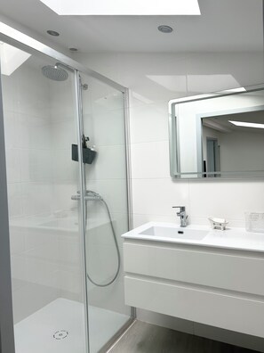 Shower, hair dryer, towels, soap