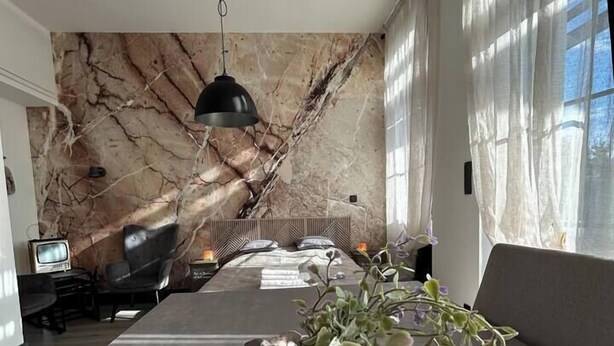 A modern living room with a marble wall, a large window with sheer curtains, a sofa, a coffee table, and a decorative vase with flowers. - Studio Sylvinite near Mulhouse (Wittelsheim)