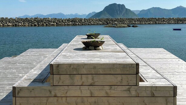 A wooden dock extending into calm water with a rocky shoreline and mountains in the background. - Villa Lofoten (Bøstad)