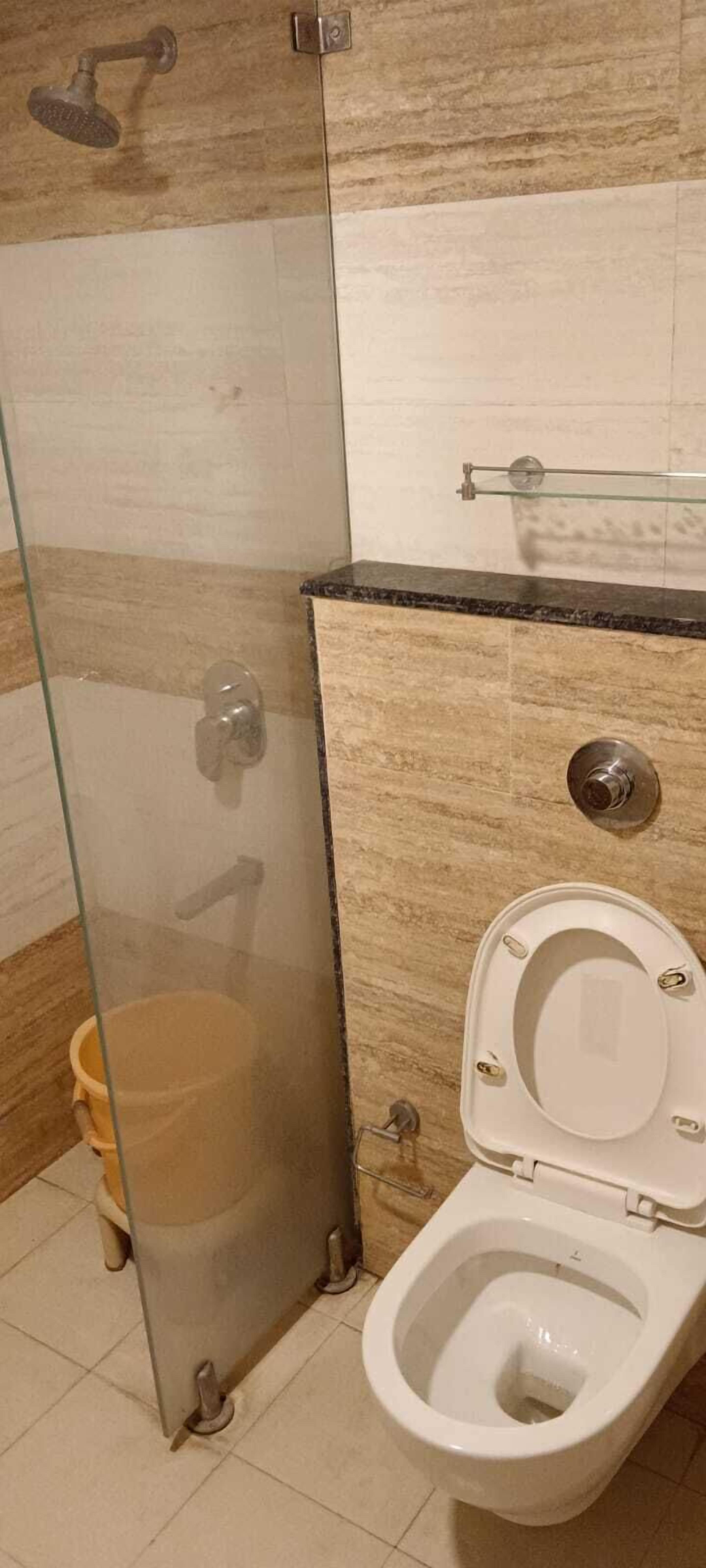 A bathroom with a glass-enclosed shower, a toilet, and a towel rack.