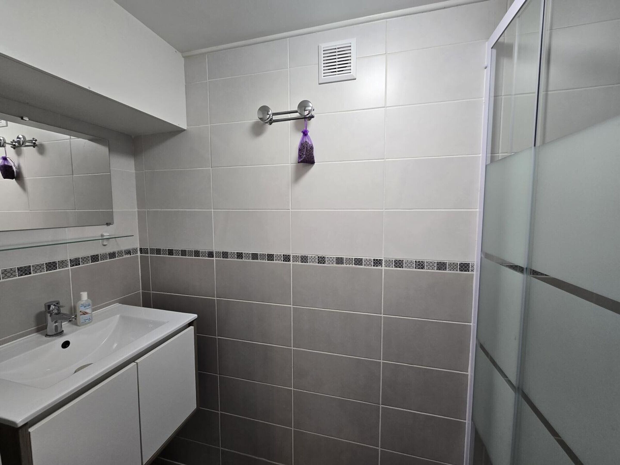 A bathroom with a white sink, mirror, and a shower area.
