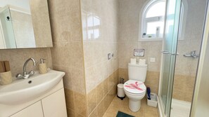 Shower, eco-friendly toiletries, hair dryer, towels