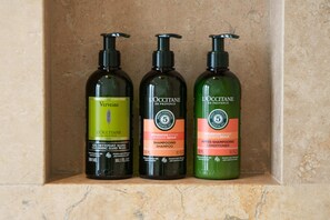 Shower, hair dryer, towels, shampoo