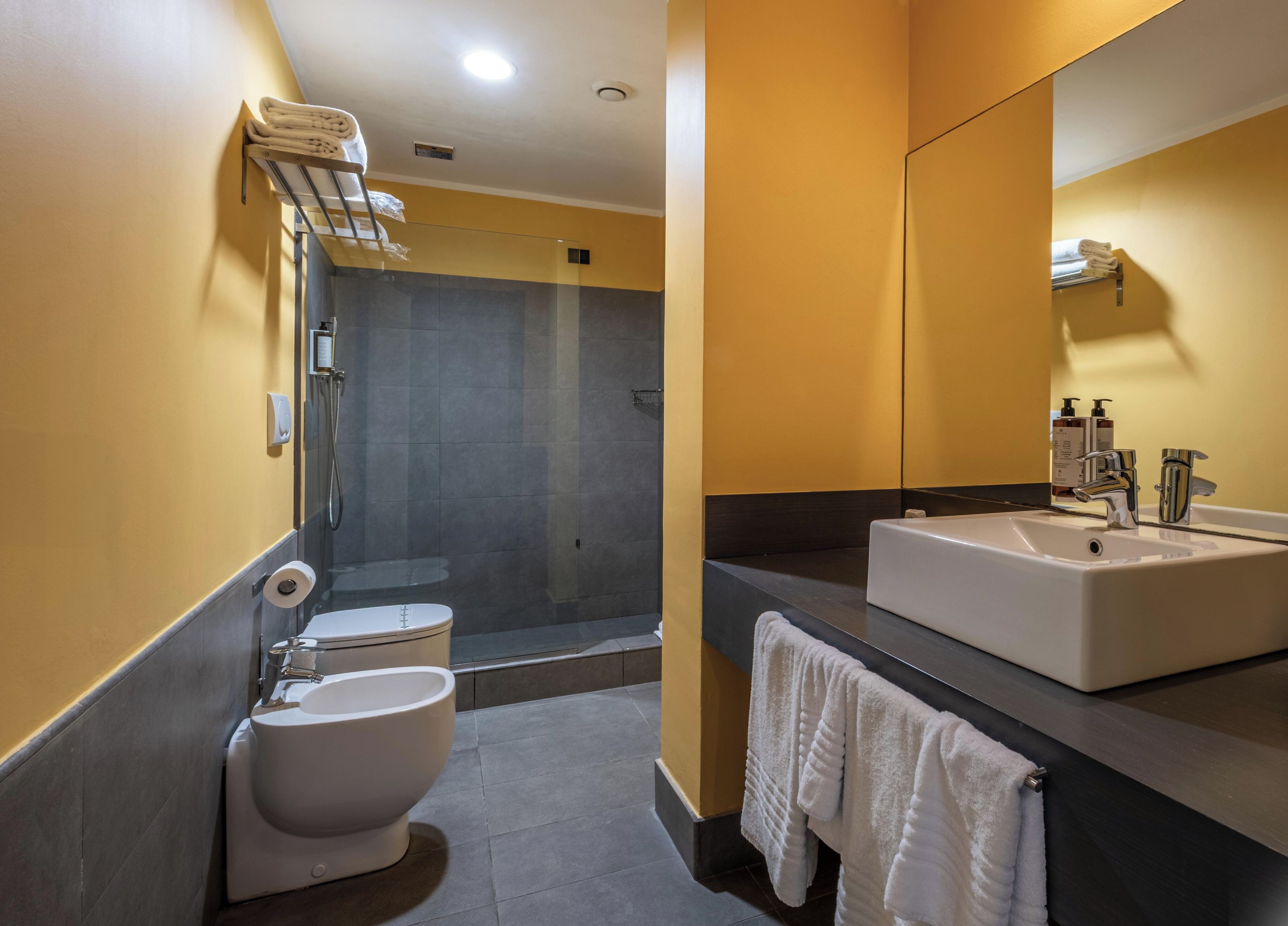 Ein modernes Badezimmer mit Toilette, Bidet und einem großen Waschbecken mit Spiegel.