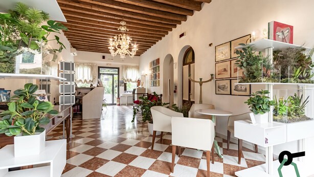A spacious room with a checkered floor, white furniture, and various plants. - Hotiday Room Collection - Dolo (Dolo)