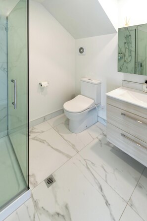 Shower, hair dryer, towels