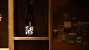 A wooden shelf with a wine bottle labeled "POT NOIR" and a white ceramic vase. - Hotel Dongnae (Busan)