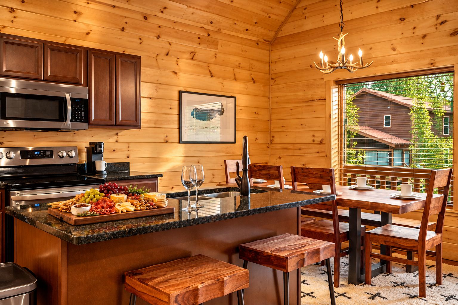 A wooden cabin interior with a kitchen, dining area, and a view of a house through a window.
